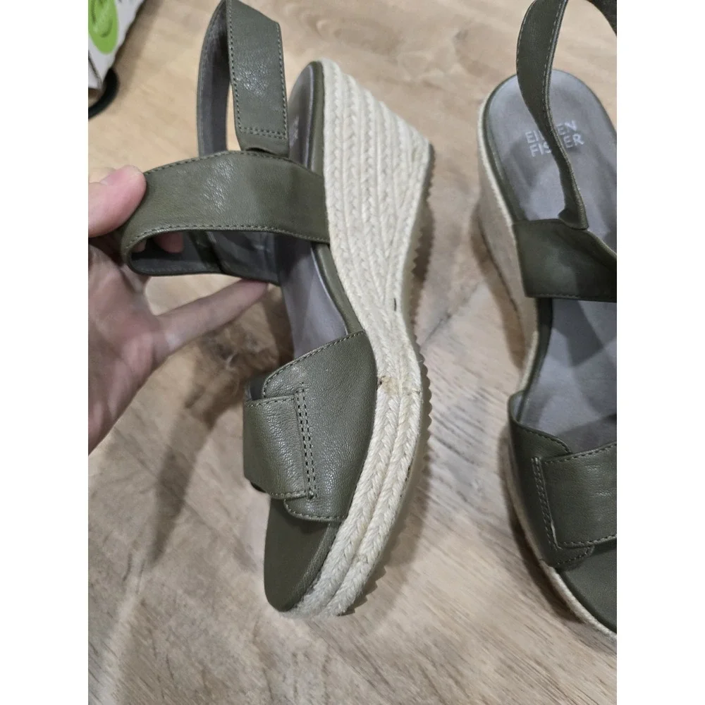 EILEEN FISHER Women's Size 8 Olive Green Leather‎ Espadrille Wedge Sandals
